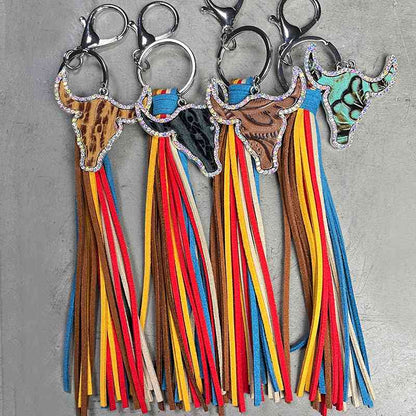 Rhinestone Bull Keychain with Tassel